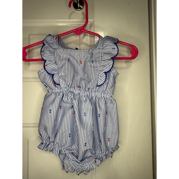 Cat & Jack Other - Cat & Jack Baby Girls Blue White Striped Floral Embroidered Bubble Romper 0-3M